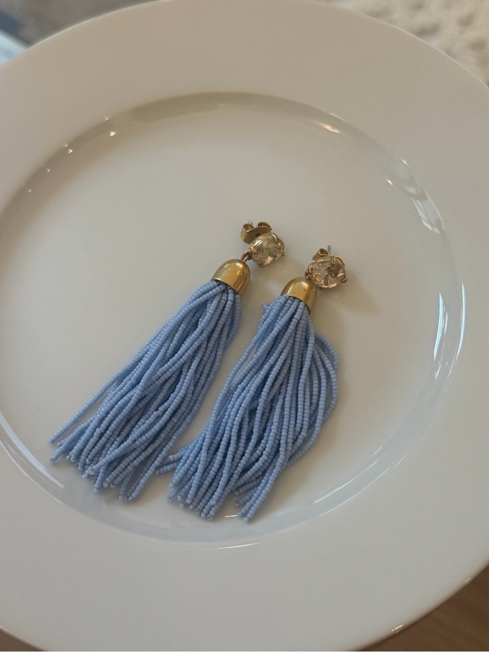 J Crew Gold-Top Light Blue Beaded Tassel Earrings